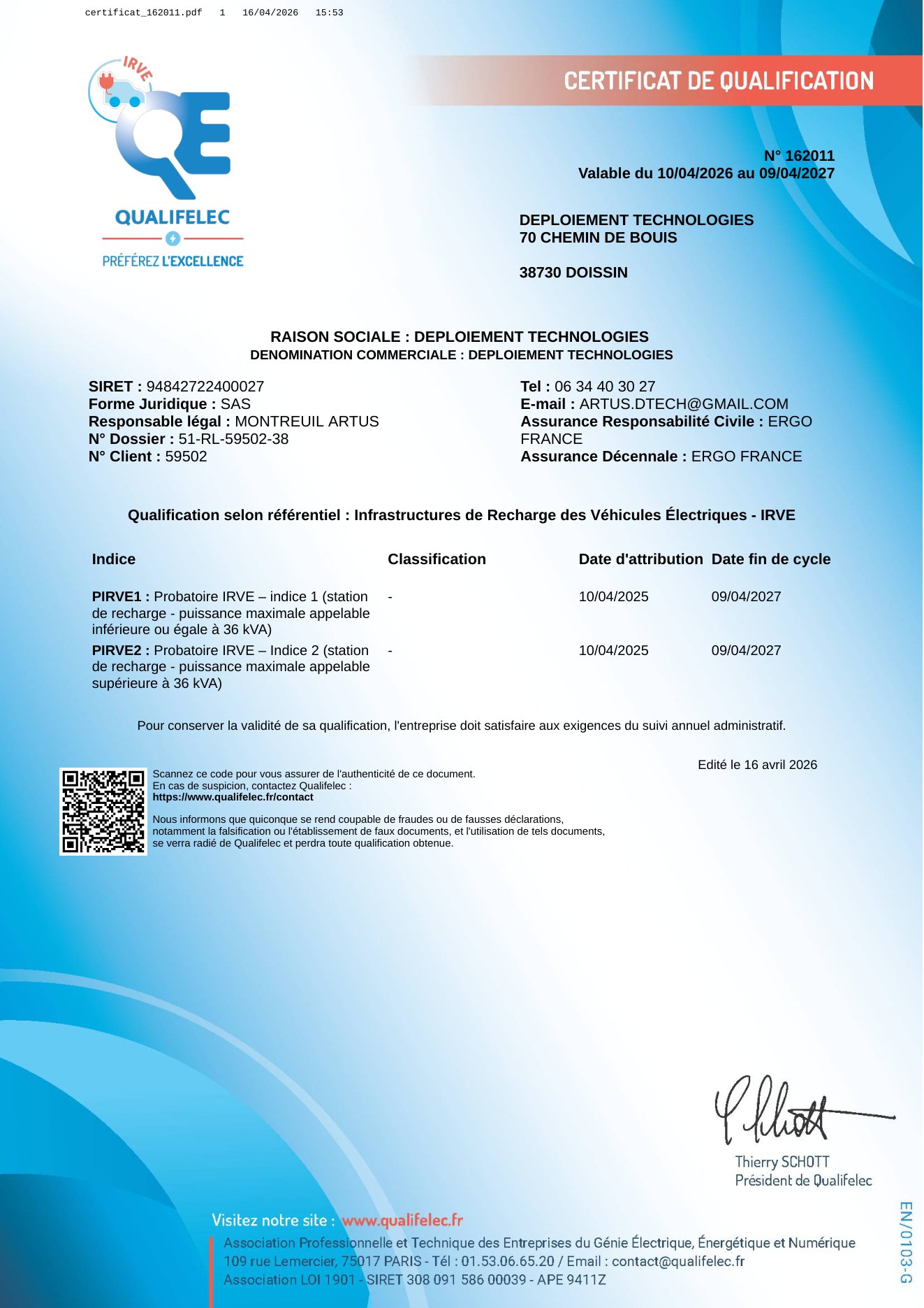 Certificat Qualifelec IRVE de DTECH, n°162011